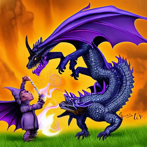 Image similar to purple dragon taming a gnome, fantasy illustration