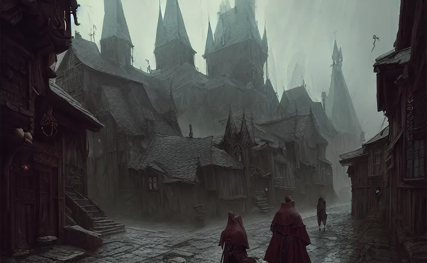 Prompt: epic concept art depicted an old medieval mystic town | art by jakub rebelka and thornton oakley and darek zabrocki and harvey dunn | dramatic mood, overcast mood, dark fantasy environment | trending on artstation, unreal engine, hyperreal movie shot