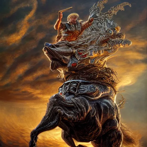 Image similar to hyperrealistic mixed media painting of Trump riding a Boar, stunning 3d render inspired art by P. Craig Russell and Barry Windsor-Smith, 8k octane beautifully detailed render, post-processing, extremely hyperdetailed, intricate, epic composition, grim yet sparkling atmosphere, cinematic lighting + masterpiece, trending on artstation, very detailed, masterpiece, stunning