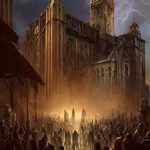 Prompt: epic masterpiece of cinematographic hyperrealism where a group of archeologists appears in front of a large demonic tower. realistic shaded lighting poster by craig mallismo, artgerm, jeremy lipkin and michael garmash, unreal engine, detailed and intricate environment, digital art, art station trends, horror, night, dark lighting, lightning