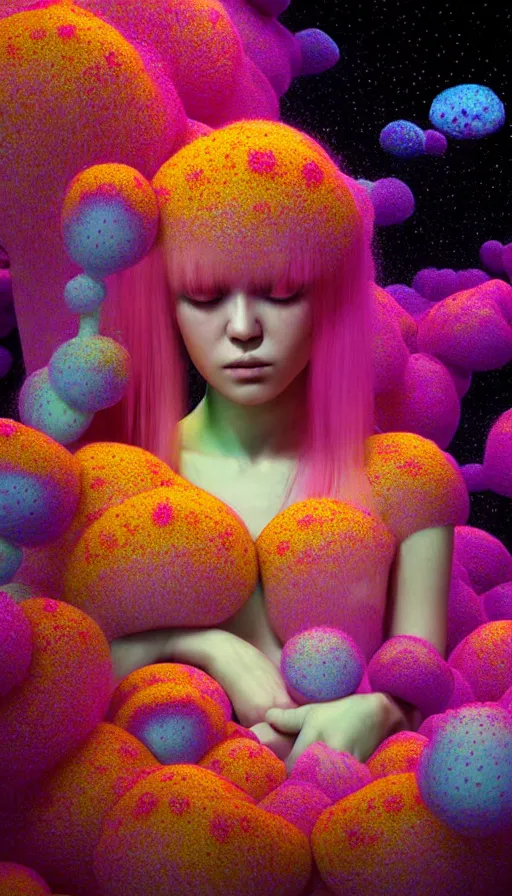 Image similar to hyper detailed 3d render like a Oil painting - kawaii Aurora (Singer) seen Eating of the Strangling network of colorful yellowcake and aerochrome and milky Fruit and Her delicate Hands hold of gossamer polyp blossoms bring iridescent fungal flowers whose spores black the foolish stars by Jacek Yerka, Mariusz Lewandowski, Houdini algorithmic generative render, Abstract brush strokes, Masterpiece, Edward Hopper and James Gilleard, Zdzislaw Beksinski, Mark Ryden, Wolfgang Lettl, hints of Yayoi Kasuma, octane render, 8k