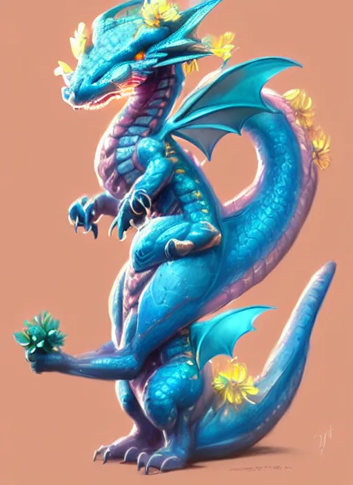 Image similar to cute little dragon, flowers, neon blue, light pink, gold, diamonds, highly detailed, artgerm, cushart krenz, artstation, soft light, sharp focus, illustration, character design, concept art