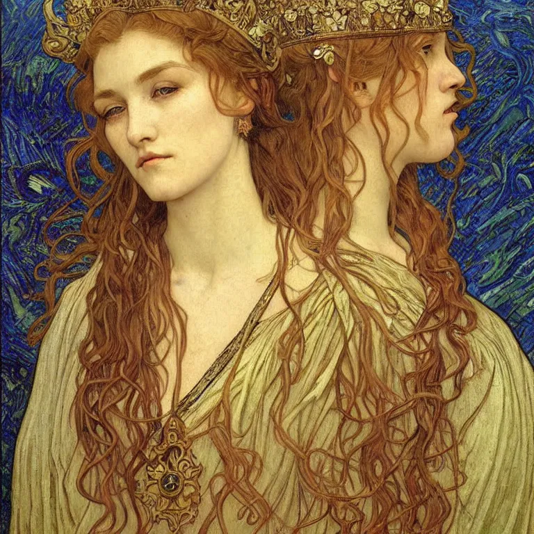 Image similar to detailed realistic beautiful young medieval queen face portrait by jean delville, alphonse mucha, vincent van gogh, and marco mazzoni, art nouveau, symbolist, visionary, gothic, pre - raphaelite