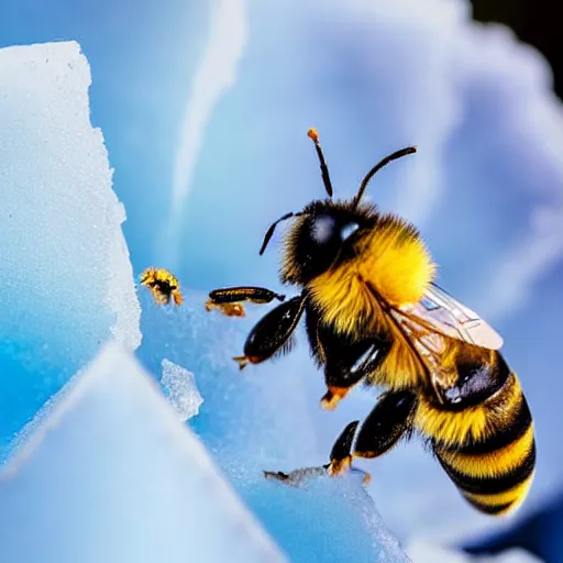 Image similar to a bee trying to reach a flower made of ice, beautiful macro photography, ambient light