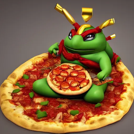 Image similar to a gigantic ninja turtle potato eating a pizza while sitting in a golden throne, 3D render 8K