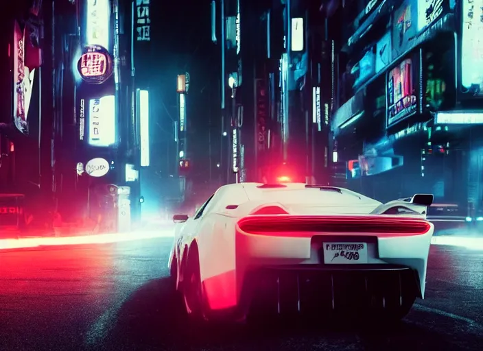Image similar to Bladerunner2049 street racing man leaning cool pose on his white sports car with red emissives volumetric lighting Cyberpunk RTX ray marching street atmospheric cinematic screen cap street Tokyo slightly foggy Ryan Church Roger Deakins RX7 FD S15 GTR R35 Nismo