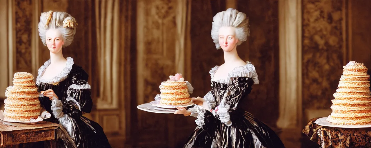 Image similar to marie antoinette in front of a cake made of spaghetti, high detailed face canon 5 0 mm, super detailed face, facial expression, cinematic lighting, photography, retro, film, kodachrome