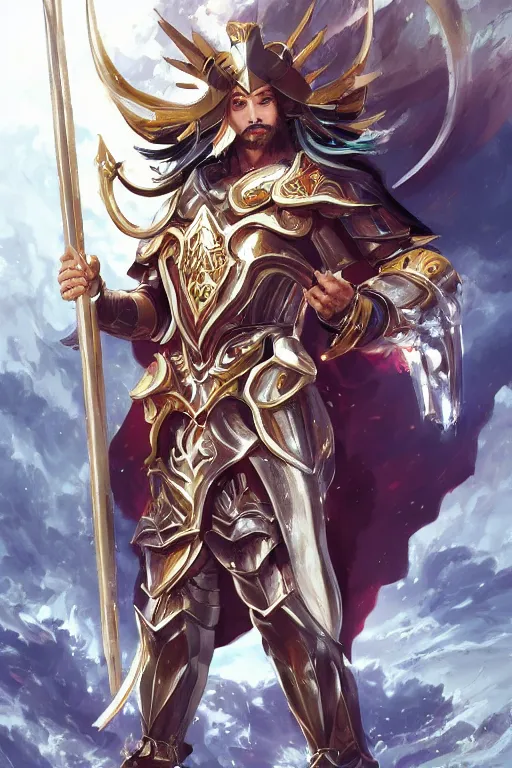 Prompt: A Game card of Jesus as a knight of zodiac using a the saint seiya Sacred Heart armor, by Stanley Artgerm Lau, WLOP, Rossdraws, James Jean, Andrei Riabovitchev, Marc Simonetti, Yoshitaka Amano, ArtStation, CGSociety,