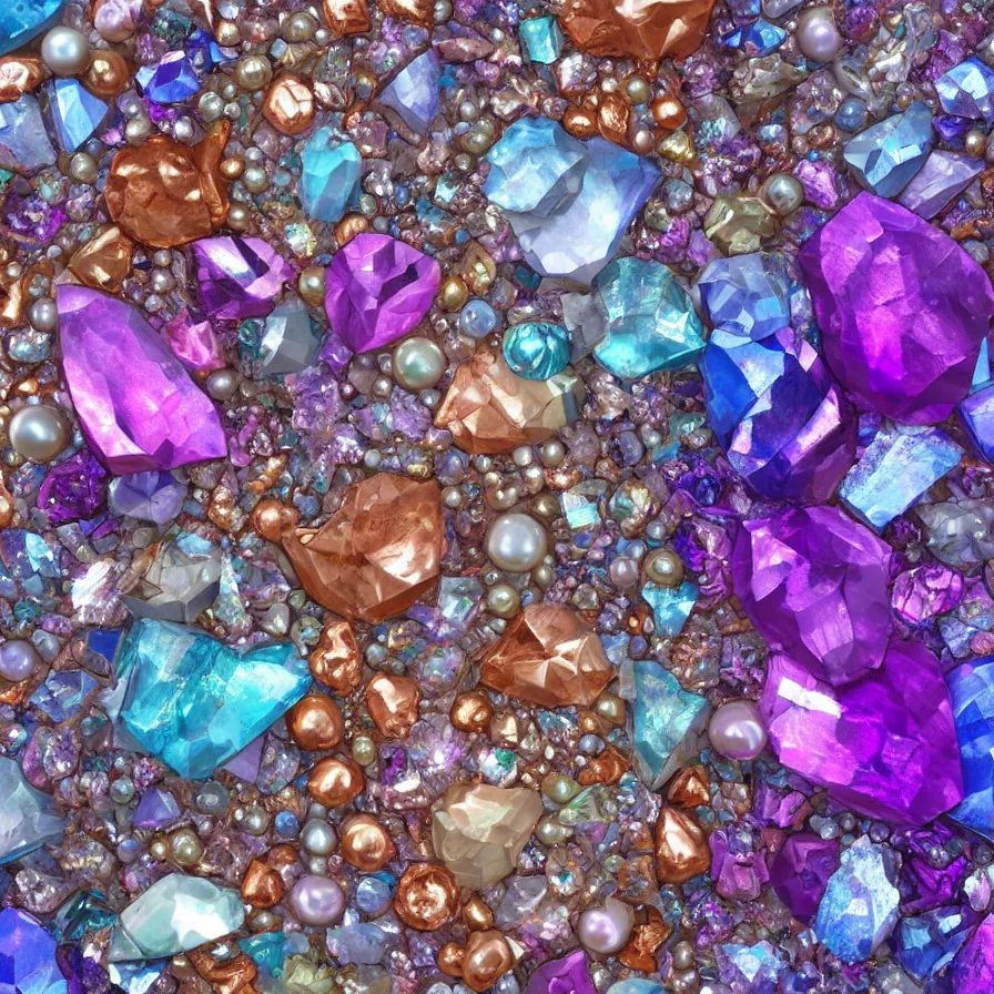 Image similar to lot of beautiful gems in every possible color, type, size, and shape. ornated with shiny thin silver and copper wires. abstract composition made of crystals, pearls and bismuth. hyperrealistic render. smooth silky pastel color palette. transparent colorful surfaces. gigapixel render. polished. discodiffusion render by machine. delusions. 8 k 3 d shaded.