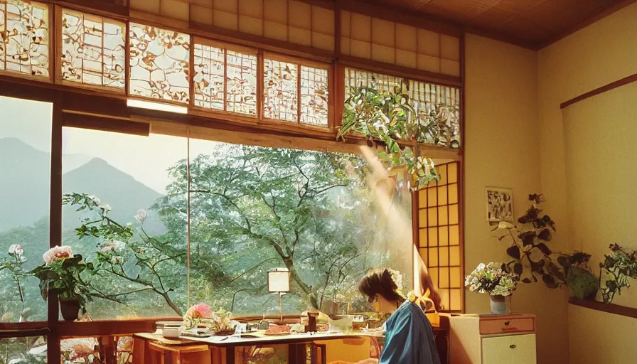 Image similar to 1 9 9 0 s candid 3 5 mm photo of a beautiful day in the a dreamy japanese flowery cottage designed by gucci, cinematic lighting, cinematic look, golden hour, a desk for flower arrangements and journaling has sun shinning on it through a window, temple in the distance, photographed by petra collins, uhd