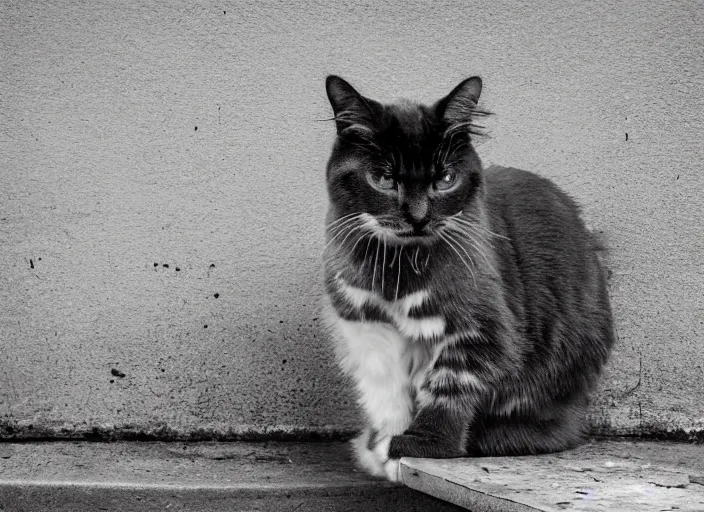 Image similar to photography of a Cat sitting on a box. in a cyberpunk street, award winning photo, 100mm, sharp, high res