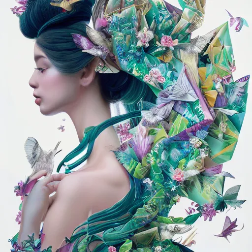 Image similar to 3 / 4 view of a beautiful girl wearing an origami dress, eye - level medium shot, fine floral ornaments in cloth and hair, hummingbirds, elegant, by eiko ishioka, givenchy, lisa frank, by peter mohrbacher, centered, fresh colors, origami, fashion, detailed illustration, vogue, high depth of field, japanese, reallusion character creator
