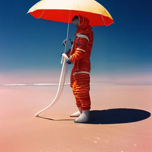 Prompt: a beautiful photo of an astronaut on the beach under a beach umbrella, summer sun, 1 9 7 0, soft light, morning light, photorealistic, realistic, octane, 8 k, cinematic shot