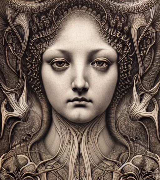 Image similar to detailed realistic beautiful lotus goddess face portrait by jean delville, gustave dore, iris van herpen and marco mazzoni, art forms of nature by ernst haeckel, art nouveau, symbolist, visionary, gothic, neo - gothic, pre - raphaelite, fractal lace, intricate alien botanicals, ai biodiversity, surreality, hyperdetailed ultrasharp octane render