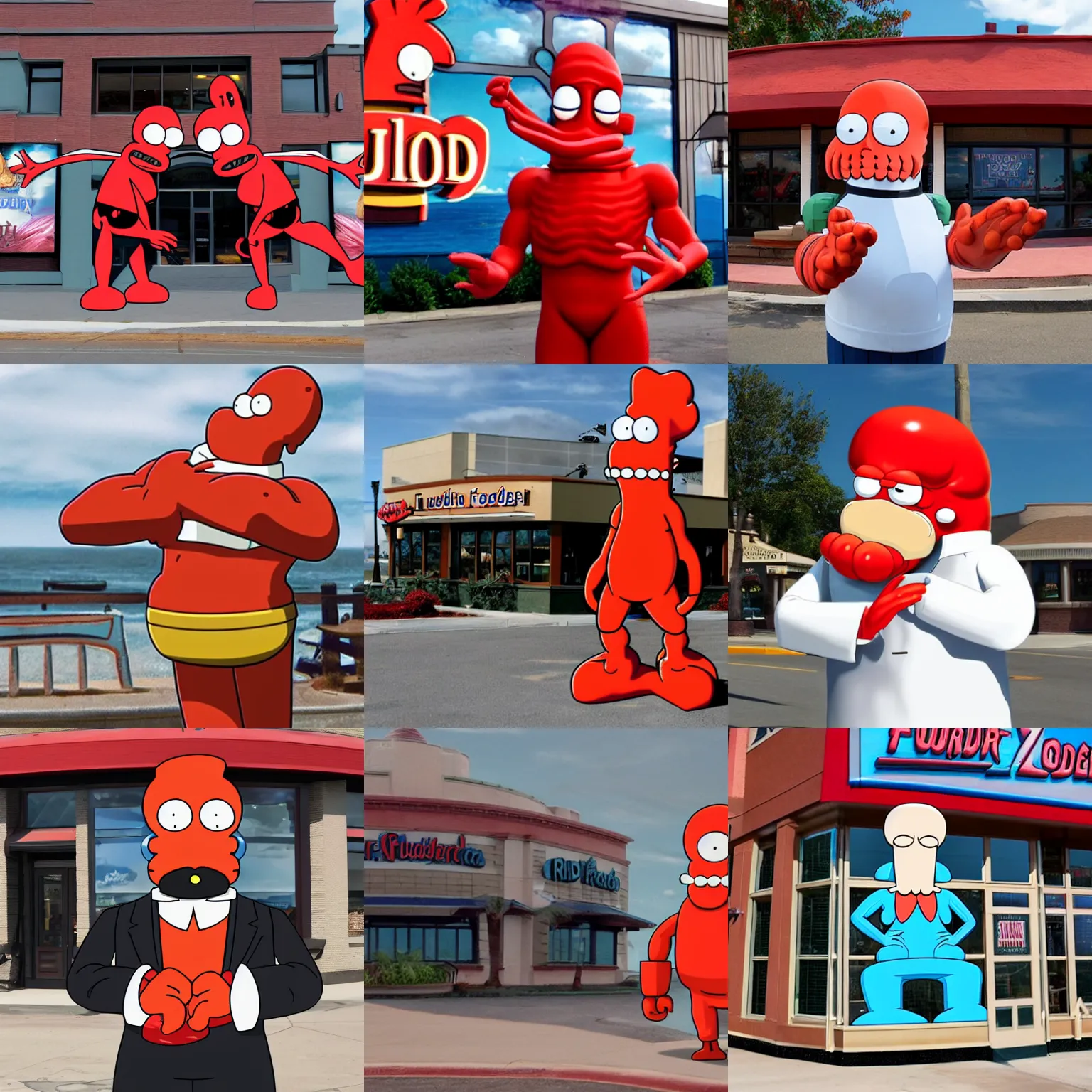 Prompt: Dr. Zoidberg Futurama posing in front of a Red Lobster restaurant