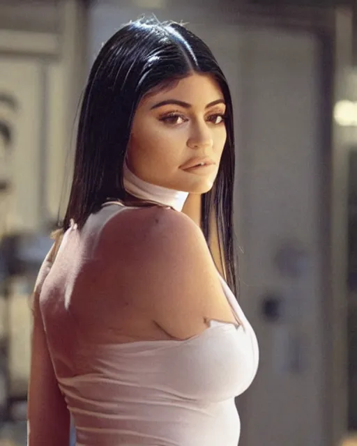 Prompt: film still of kylie jenner as bruce willis in die hard