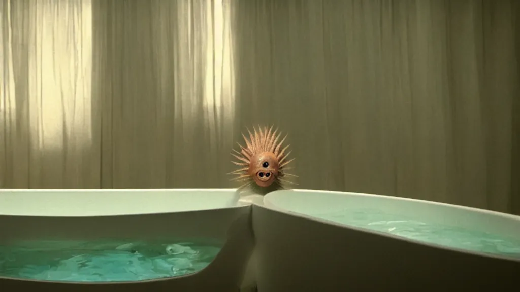 Prompt: the strange creature in a bathtub, makes the water float, film still from the movie directed by Denis Villeneuve with art direction by Salvador Dalí, wide lens