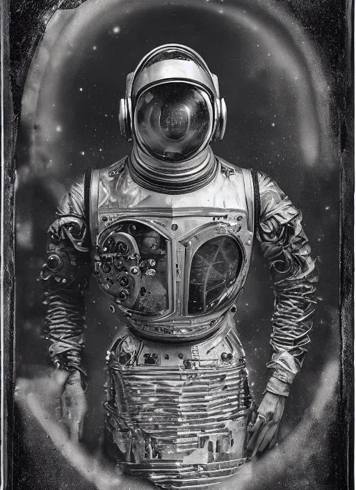 Image similar to old wetplate daguerreotype portrait of a futuristic silver armored space astronaut cyborg, fractal, intricate, elegant, highly detailed, parallax, leica, medium format, subsurface scattering, by jheronimus bosch and greg rutkowski and louis jacques mande daguerre