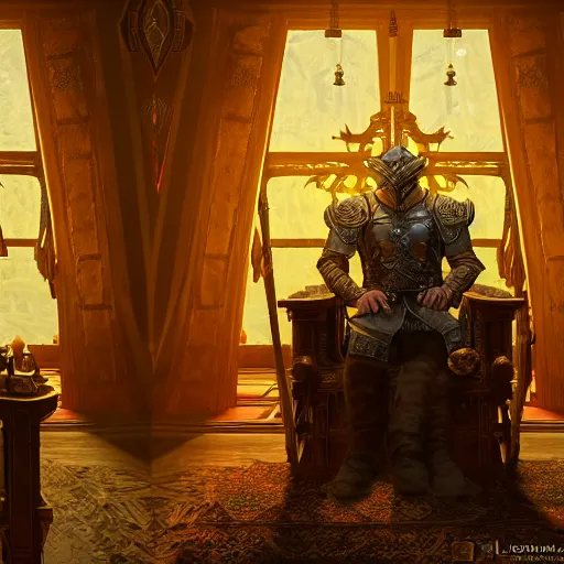 Image similar to the elder scrolls vi majestic gracious jarl portrait, stately throne room, painted, dark room, one point of light coming through the window, atmospheric lighting, painted, intricate, volumetric lighting, beautiful, golden hour, sharp focus, ultra detailed, by leesha hannigan, ross tran, thierry doizon, kai carpenter, ignacio fernandez rios