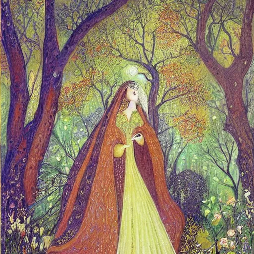 Image similar to a robe clad woman is seen walking through a forest, a bird is following, they are being watched, detailed painting in the style of Persian artist Mahmoud Farshchian