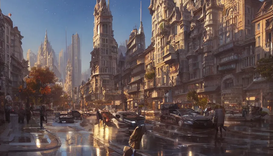 Image similar to Ultra realistic illustration of a beautiful modern city street, intricate, elegant, highly detailed, digital painting, artstation, concept art, smooth, sharp focus, illustration, art by artgerm and greg rutkowski and alphonse mucha