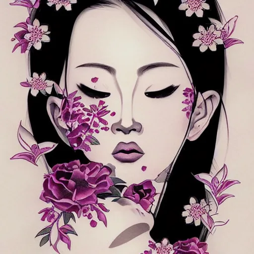 Image similar to tattoo design, stencil, traditional Japanese, beautiful portrait of a girl surrounded by flowers by artgerm, artgerm, digital art