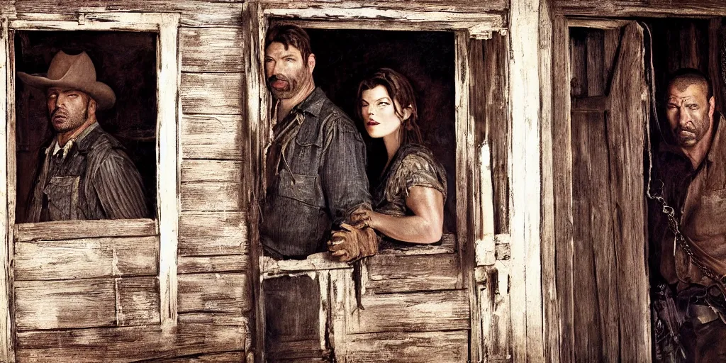 Prompt: in an old west cabin, close up portrait of beautiful Mila Jovovich (alone) in the doorway and Dave Bautista cowboy standing ((alone)) at the window, arguing, symmetrical, in the style of Fredrick Remington, oil painting, cinematic