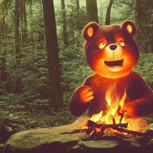Image similar to candid photo of Teddy Ruxpin in the woods, playing with fire as Smokey The Bear burns one by Annie Leibowitz, photorealisitc, extremely detailed