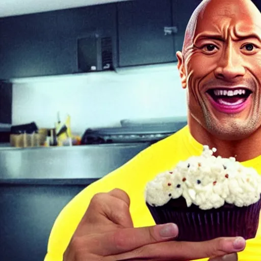 Prompt: a strikingly realistic portrait of dwayne johnson eating a cupcake