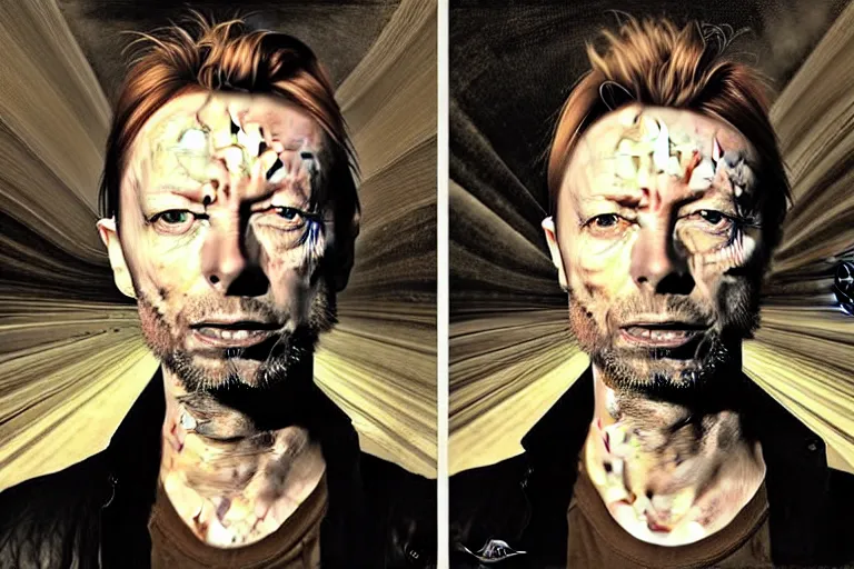 Image similar to hyper realistic portrait of wider faced thom yorke mixed with david bowie, bigger forehead, bigger chin, on a stage, by lee bermejo, alphonse mucha and greg rutkowski