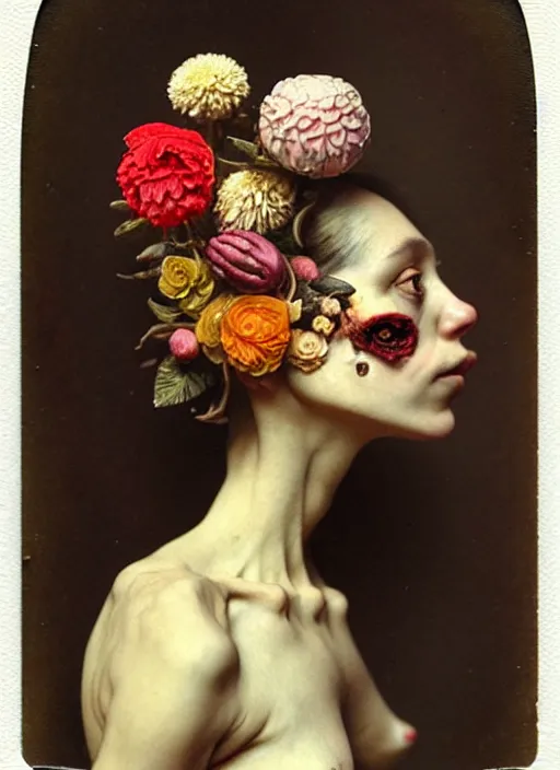 Image similar to beautiful and detailed rotten woman made of plants and many types of stylized flowers like carnation, chrysanthemum, roses and tulips, intricate, surreal, vladimir volegov, john constable, guy denning, gustave courbet, caravaggio, romero ressendi, 1 9 1 0 polaroid photo