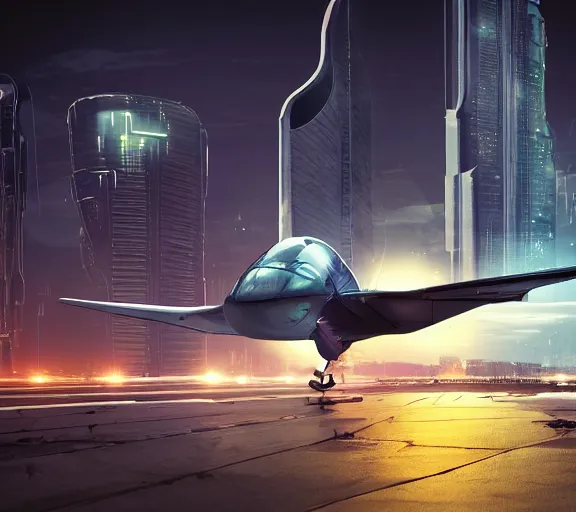 Image similar to futuristic sci fi jet lands at runway of cyberpunk city, night photo ,dark cinematic lighting , digital concept art