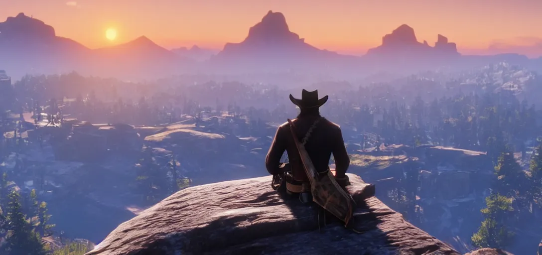 Image similar to Arthur Morgan from Red Dead Redemption 2 sitting at the top of a rocky mountain looking at a beautiful sunrise in the distance