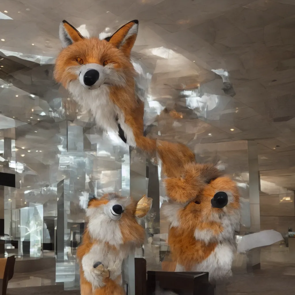 Image similar to a single anthropomorphic fox in suit sitting in the lobby of a futuristic hotel, anthro, furry