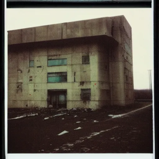 Image similar to polaroid of a Terminator T-800, abandoned hospital on the background, dark, moody, foggy, scary