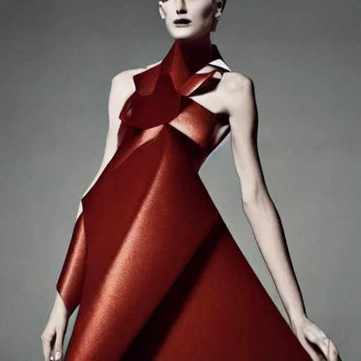 Prompt: a model dressed in an avant garde haute couture dress, angular minimalism, vogue editorial photo, sharp focus dynamic light