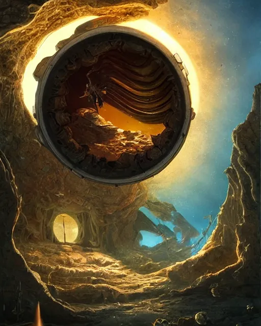 Image similar to highly detailed, intricate beautifully stunning picture of a cosmic aquarium in the middle of a keyhole portal overlooking the desert, stunning atmosphere, huge black glowing sun, matte painting by Andrei Riabovitchev, Shaun Tan and Peter Mohrbacher
