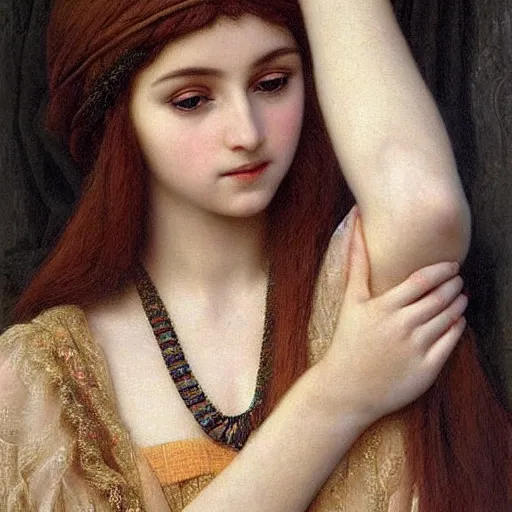 Image similar to beautiful painting by godward, john william of a stunning, beautiful, young kurdish princess, portrait, elegant, incredibly intricate, romanticism, stunning eyes, slender body, wearing beautiful jewelry, award winning art