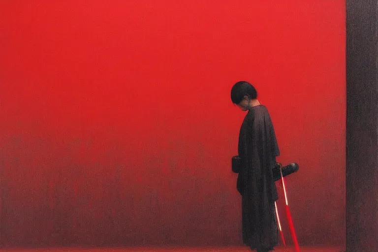 Image similar to only with red, a red samurai do seppuku, tokio, a lot of frogs watch, in the style of beksinski, parts by edward hopper, parts by rodcenko, parts by yue minjun, intricate and epic composition, red by caravaggio, insanely quality, highly detailed, masterpiece, red light, artstation, 4 k