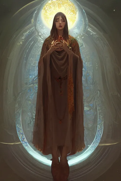 Image similar to holy priestess of the sacral moon full body portrait highly detailed, digital painting, artstation, concept art, smooth and sharp focus, illustration, art by tian zi and wlop and alphonse mucha