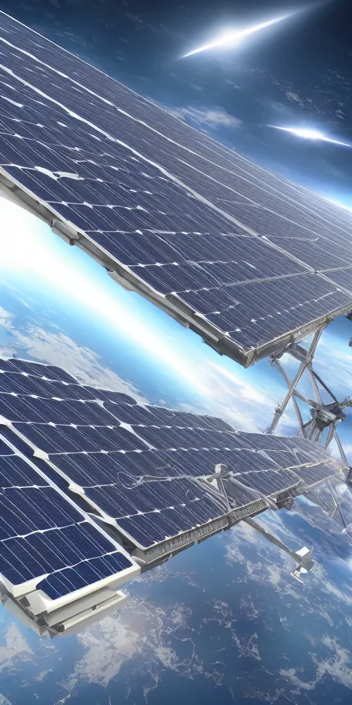 Image similar to concept art, solar power station in space, super large - scale solar power panel, earth orbit, energy collection and launch device, complex structure, high detail, octane rendering, unreal engine.