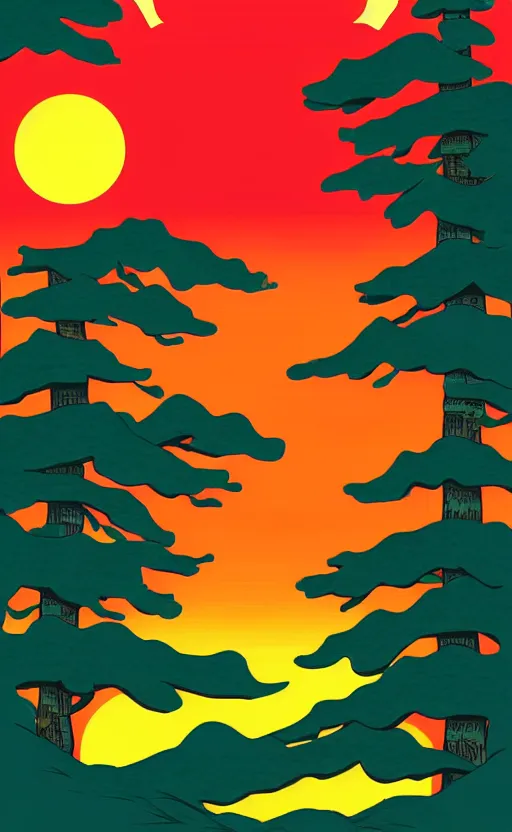 Image similar to hanafuda, an aperture to a lake in a forest of japanese pines, a big red sun in the background, front game card, vector line art, trending on behance, concept art, stunning, matte