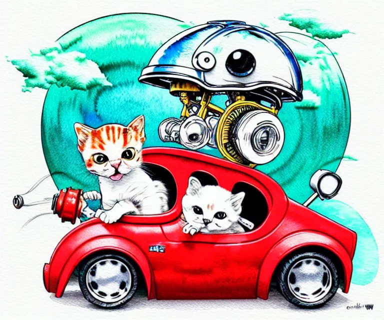 Image similar to cute and funny, kitten wearing a helmet riding in a tiny hot rod with an oversized engine, ratfink style by ed roth, centered award winning watercolor pen illustration, isometric illustration by chihiro iwasaki, edited by range murata, tiny details by artgerm and watercolor girl, symmetrically isometrically centered, sharply focused