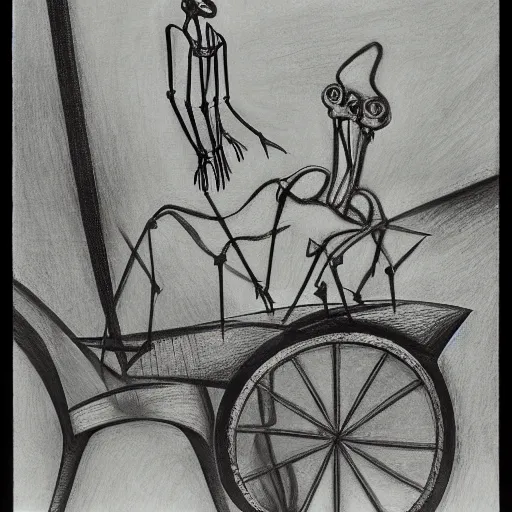 Prompt: depressing cool green by brett weston, by yves tanguy. the drawing features a human figure driving a chariot. the figure is skeletal & frail, with a large head & eyes. the chariot is pulled by two animals, which are also skeletal & frail.