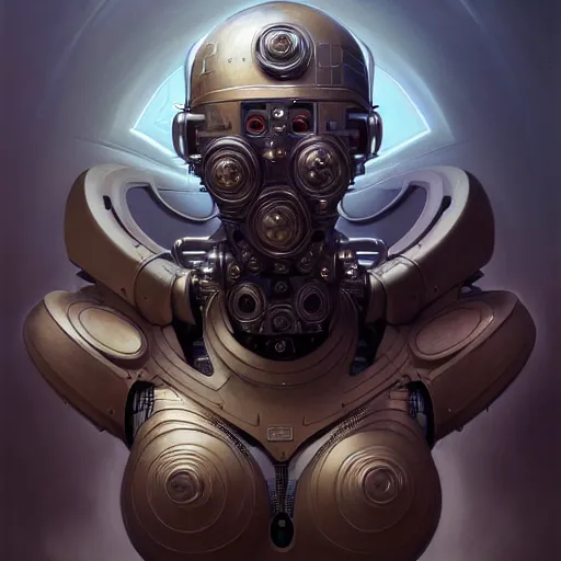 Image similar to low angle shot of a cyberpunk gazmask robot character, intricate, elegant, highly detailed, centered, digital painting, artstation, concept art, front shot, smooth, sharp focus, illustration, artgerm, Tomasz Alen Kopera, Peter Mohrbacher, donato giancola, Joseph Christian Leyendecker, WLOP, Boris Vallejo