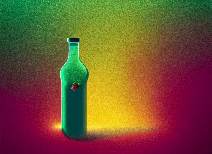 Prompt: ( ( dithered ) ), editorial illustration strawberries blueberries sliced kiwi sliced lemon inside a clear drinking bottle, isometric, modern art deco, mads berg, karolis strautniekas, christopher balaskas, stippled light, fog, fine texture, dynamic composition, matte print, unreal engine