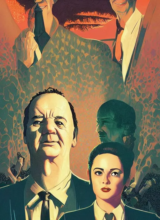 Image similar to poster artwork by Michael Whelan and Tomer Hanuka, Karol Bak of Bill Murray hosting the local beauty pageant, from scene from Twin Peaks, clean