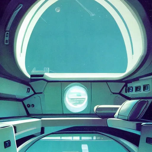 Image similar to Cozy interior of a spaceship, teal lighting, cozy lighting, space seen outside from a window, by Syd Mead, John Harris, Federico Pelat