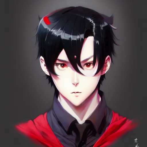 Image similar to anime portrait of a slick black hair guy with red eyes by stanley artgerm lau, wlop, rossdraws, james jean, andrei riabovitchev, marc simonetti, and sakimichan, trending on artstation