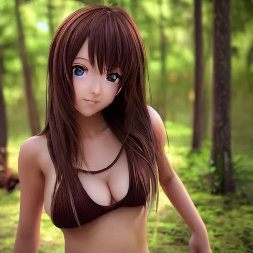 Image similar to real life photo of a beautiful anime girl in bikini, full body photoshoot, long brown hair, brown eyes, full round face, short smile, long sleeved belly free brown shirt, forest setting, cinematic lightning, medium shot, mid - shot, highly detailed, trending on artstation, unreal engine 4 k, 8 0 mm, 8 5 mm, cinematic wallpaper